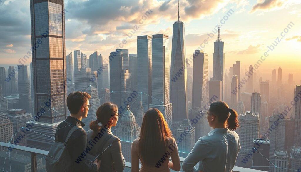 A breathtaking cityscape of a bustling financial district, with towering skyscrapers reaching towards the sky. In the foreground, a group of young, dynamic professionals engaged in thoughtful discussions, surrounded by holographic displays showcasing the latest financial technologies. Soft, warm lighting casts an innovative glow, while in the background, the iconic landmarks of a modern metropolis create a sense of progress and global leadership. The scene conveys an atmosphere of dynamic collaboration, where the future of finance is being shaped by visionary minds.