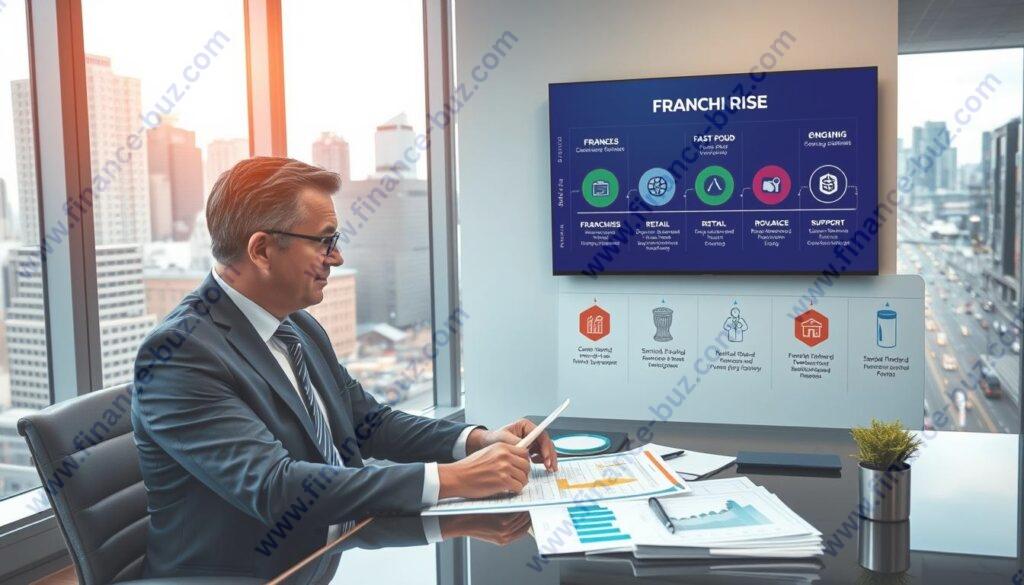 A bustling corporate office with a large window overlooking a city skyline. In the foreground, a well-dressed business executive is sitting at a desk, reviewing financial documents and charts. On the desk, there are icons and symbols representing different franchise business models, such as fast food, retail, and service-based operations. The middle ground features a wall-mounted display with a visual representation of the franchise life cycle, from initial investment to ongoing royalties and support. The background showcases the city outside, with skyscrapers and busy streets, conveying the sense of a thriving business environment. The lighting is bright and professional, with a subtle hue of warmth to create an atmosphere of growth and opportunity.
