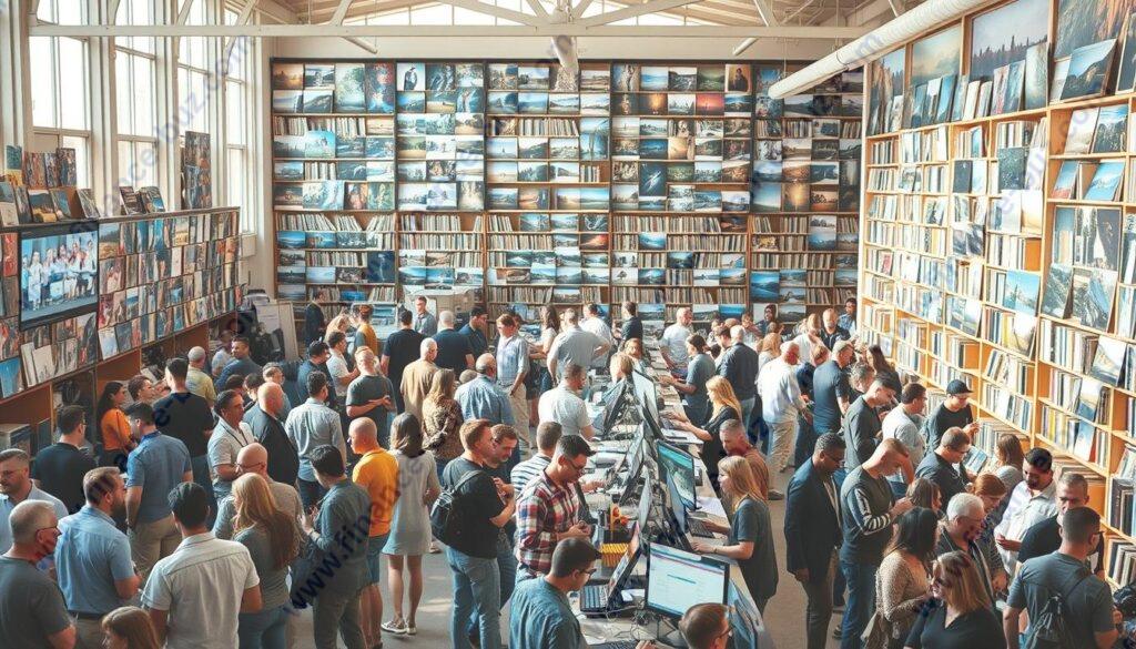 A bustling stock photography market, bathed in warm, natural light. In the foreground, a diverse array of photographers and content creators network, discussing portfolios and negotiating licenses. In the middle ground, rows of sleek workstations where researchers and art directors scour digital catalogs, searching for the perfect image to accompany their latest projects. And in the background, towering shelves brimming with neatly organized stock imagery, representing a vast visual repository of the human experience. The atmosphere is one of collaboration, creativity, and the shared pursuit of visual storytelling in a digital age.