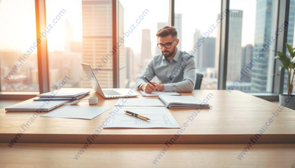 A clean, well-lit office space with a large wooden desk in the foreground. On the desk, there are various documents, a laptop, and a pen resting on a notepad. In the middle ground, a person is sitting at the desk, intently focused on the documents, with a serious expression on their face. The background features floor-to-ceiling windows with a cityscape visible outside, bathed in warm, natural light. The overall atmosphere conveys a sense of professionalism, diligence, and business planning.