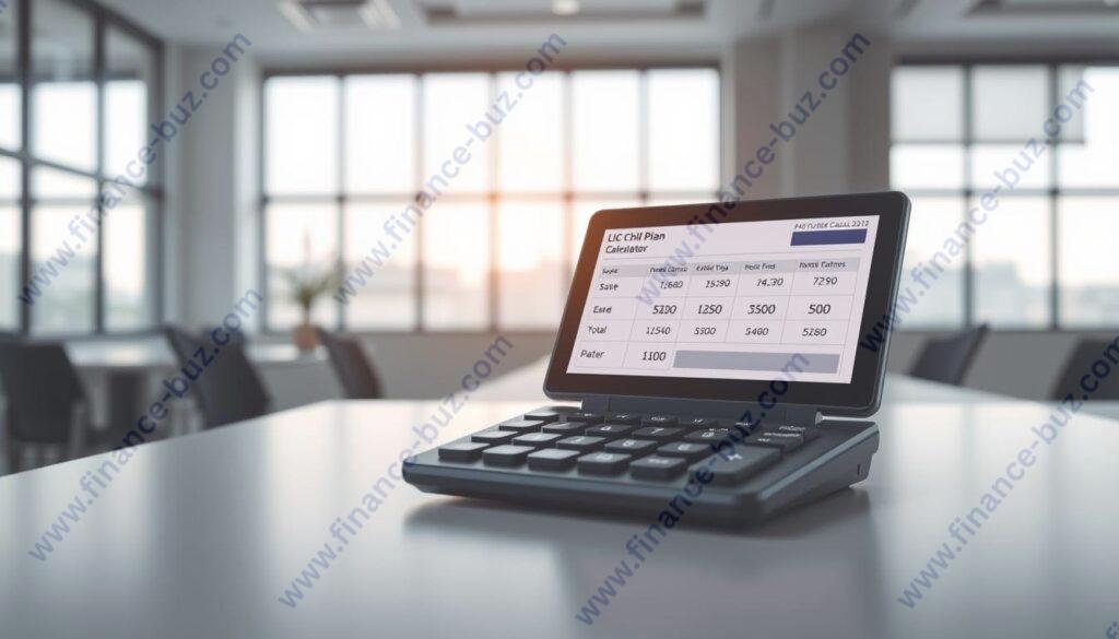 A close-up view of a modern digital calculator displaying the detailed results of an LIC child plan calculator. The calculator screen shows various financial metrics such as projected corpus, estimated returns, and total payouts. The background is a clean, minimalist office setting with soft natural lighting filtering through large windows, creating a calm and professional atmosphere. The calculator is positioned prominently on a sleek, uncluttered desk, conveying a sense of clarity and focus on the task at hand. The overall impression is one of precision, reliability, and thoughtful financial planning for a child's future.