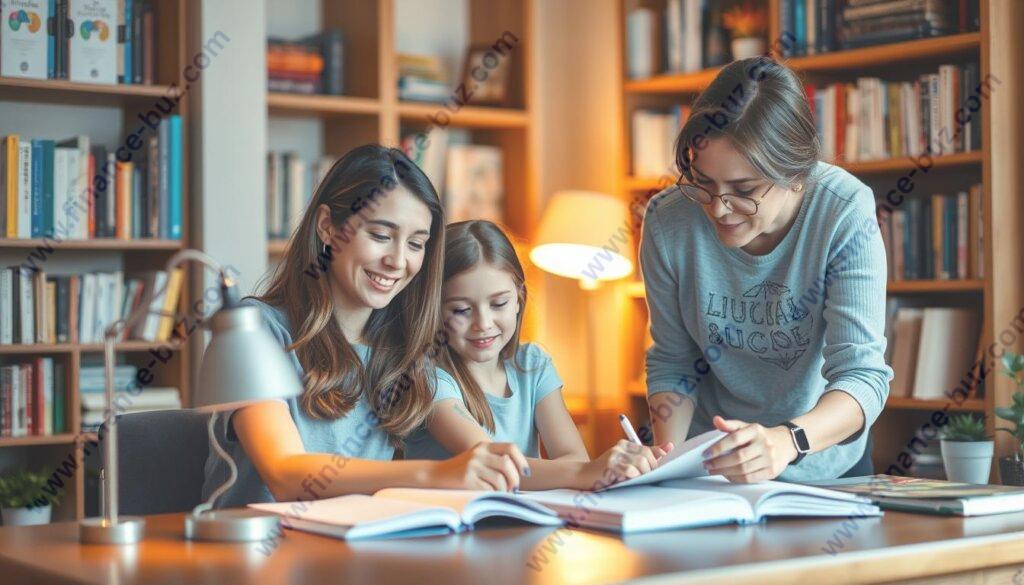 A cozy and welcoming home study environment, illuminated by soft, warm lighting from a table lamp. In the foreground, a young female student sits comfortably at a wooden desk, engaged in her studies, while a female tutor stands beside her, leaning in to provide personalized guidance. The background features bookshelves filled with educational resources, creating a sense of intellectual stimulation and support. The overall atmosphere conveys the benefits of individualized attention, flexibility, and the comfort of a familiar setting that home tuition can provide, in contrast to the more formal and impersonal setting of a coaching center.
