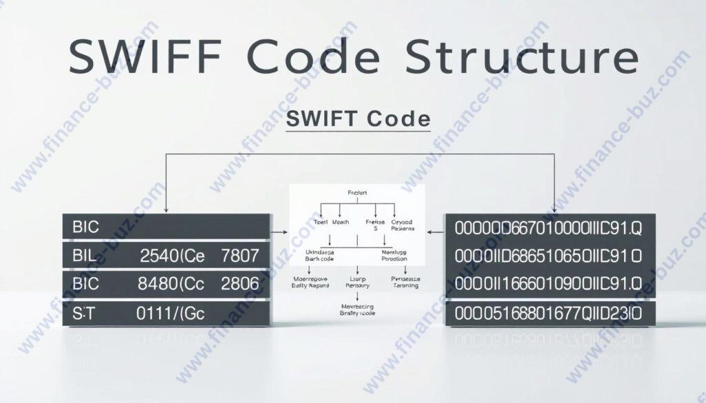 A detailed technical illustration of the SWIFT code structure, showcasing its key components in a clear and organized manner. The image should have a professional, informative tone, with a clean and minimalist design. The foreground should prominently display the overall structure, with labeled sections for the different elements, such as the Bank Identifier Code (BIC), the Branch Code, and the Country Code. The middle ground should provide additional context, perhaps with a simplified diagram or chart explaining the purpose and significance of each component. The background should have a subtle, neutral tone, allowing the technical details to take center stage. Optimal lighting and camera angle should enhance the clarity and legibility of the illustration, creating a visually striking and informative image.