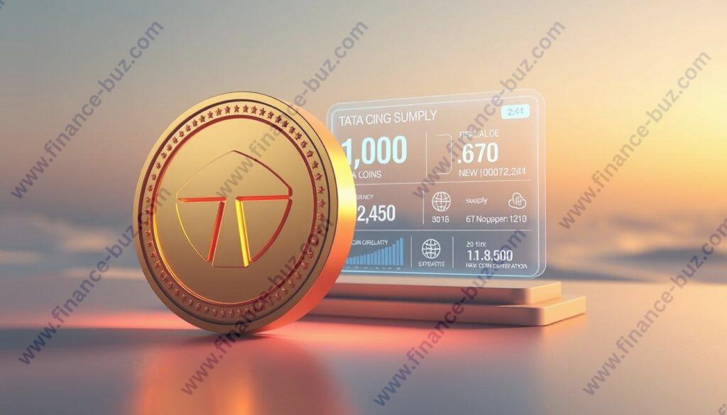 A detailed visual representation of the circulating supply of Tata Coin cryptocurrency. In the foreground, a three-dimensional, meticulously rendered Tata Coin logo, illuminated by a warm, directional light source, casting soft shadows. In the middle ground, a transparent, holographic display showing real-time data on the total number of Tata Coins in circulation, the rate of new coin generation, and other key supply metrics. The background depicts a serene, minimalist landscape with a gradient sky, conveying a sense of technological sophistication and financial stability. The overall scene should evoke a mood of authority, reliability, and transparency regarding the Tata Coin ecosystem. A detailed visual representation of the circulating supply of Tata Coin cryptocurrency. In the foreground, a three-dimensional, meticulously rendered Tata Coin logo, illuminated by a warm, directional light source, casting soft shadows. In the middle ground, a transparent, holographic display showing real-time data on the total number of Tata Coins in circulation, the rate of new coin generation, and other key supply metrics. The background depicts a serene, minimalist landscape with a gradient sky, conveying a sense of technological sophistication and financial stability. The overall scene should evoke a mood of authority, reliability, and transparency regarding the Tata Coin ecosystem.