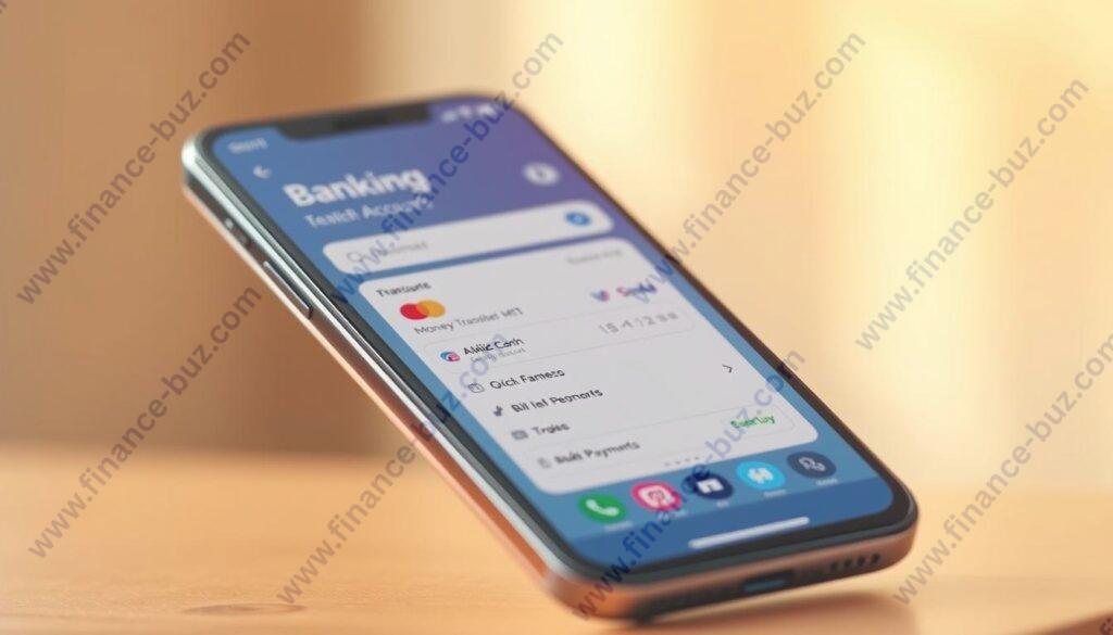 A digital banking app interface showcased on a sleek smartphone device. The foreground displays a clean, minimalist design with intuitive icons and touch-friendly controls. The middle ground features a customer's account dashboard, highlighting transaction history, balance, and quick access to common features like money transfers and bill payments. The background subtly blurs, creating a sense of depth and focus on the app's key functionalities. Warm, natural lighting illuminates the scene, conveying a sense of trust and accessibility. The overall composition evokes a modern, efficient, and user-friendly mobile banking experience.