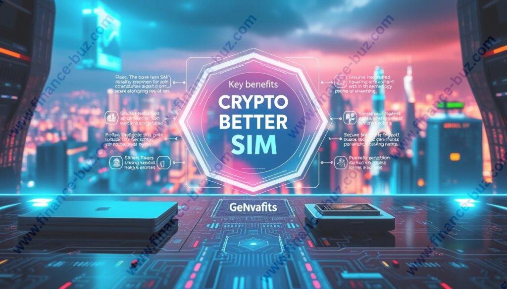 A futuristic, high-tech digital landscape with a central holographic display showcasing the key benefits of the Crypto Better SIM. The foreground features sleek, minimalist hardware devices, symbolizing the seamless integration of the SIM technology. The middle ground depicts a network of interconnected nodes and circuits, representing the secure and decentralized infrastructure. The background is a vibrant, neon-infused cityscape, hinting at the global connectivity and boundless possibilities enabled by the Crypto Better SIM. Dramatic lighting and a dynamic camera angle create a sense of depth and emphasize the transformative power of this cutting-edge technological solution.