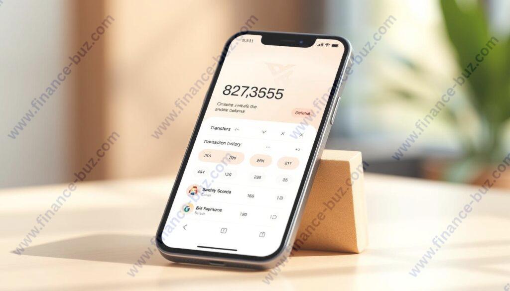 A high-resolution, photo-realistic digital illustration of a modern mobile banking app interface, showcasing a clean and intuitive user experience. The screen layout features a minimalistic design with a prominent balance display, transaction history, and various functional buttons for common banking operations such as transfers, bill payments, and account management. The interface has a warm, inviting color palette with soft gradients and subtle textures, creating a sense of trust and accessibility. The device is rendered in a natural, well-lit environment, with the screen angled slightly towards the viewer, inviting interaction. Overall, the image conveys a seamless and secure mobile banking experience.