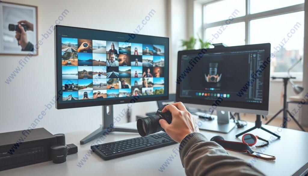 A modern and minimalist home office setting, with a desk and computer monitor displaying a variety of stock images. In the foreground, a person's hands carefully curating and organizing a collection of digital photographs on the screen. The middle ground features neatly arranged camera equipment, lenses, and accessories, indicating a professional photography setup. The background showcases a clean, bright, and airy atmosphere, with large windows allowing natural light to flood the space. The overall mood is one of productivity, creativity, and the potential for financial success in the stock photography industry.