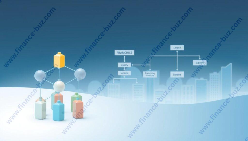 A modern, minimalist illustration showcasing the franchise business model. In the foreground, a clean, geometric 3D rendering of an interconnected network of franchise units, each one a distinct shape and color, symbolizing the franchise system. In the middle ground, a simplified organizational chart depicting the franchise-franchisee relationship, with clear delineations of responsibilities and support. The background features a soft, gradient-based cityscape, hinting at the diverse locations and scalability inherent in a franchise operation. The overall scene is bathed in a cool, professional color palette, conveying the structured, systematic nature of franchising in 2025.