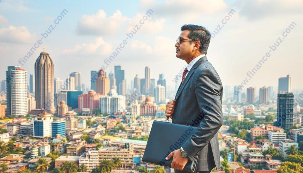 A panoramic view of a bustling Indian city skyline, with modern high-rise buildings and traditional architectural elements blending seamlessly. In the foreground, a well-dressed businessman stands confidently, briefcase in hand, overlooking the vibrant cityscape. The middle ground features a diverse array of small and medium-sized enterprises, representing the diverse investment opportunities available in India. The background is illuminated by a warm, golden light, conveying a sense of growth, opportunity, and optimism. The scene is captured with a wide-angle lens, emphasizing the scale and potential of the Indian business landscape.