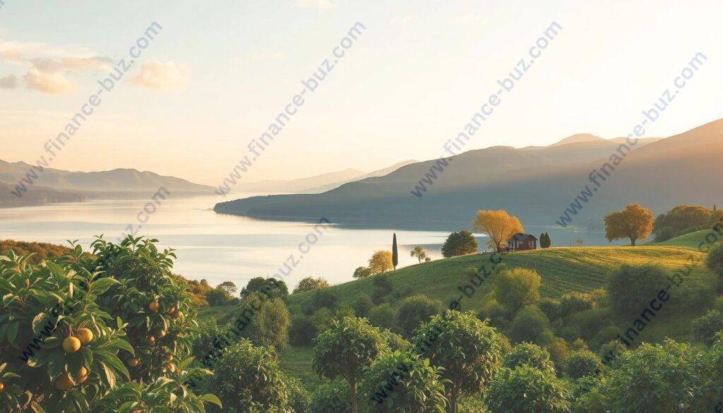 A serene, idyllic landscape depicting the concept of passive income streams. In the foreground, lush green hills dotted with flourishing fruit trees and vegetable gardens, symbolizing the steady, low-maintenance growth of passive income. In the middle ground, a peaceful lake reflects the tranquil sky, with a small cabin on the shore, representing the passive income from rental properties or investments. In the background, distant mountains bathed in warm, golden sunlight, conveying a sense of financial freedom and stability. The scene is illuminated by soft, diffused natural lighting, creating a calming, inviting atmosphere. The overall composition evokes a sense of harmony, sustainability, and the journey towards financial independence through passive income.