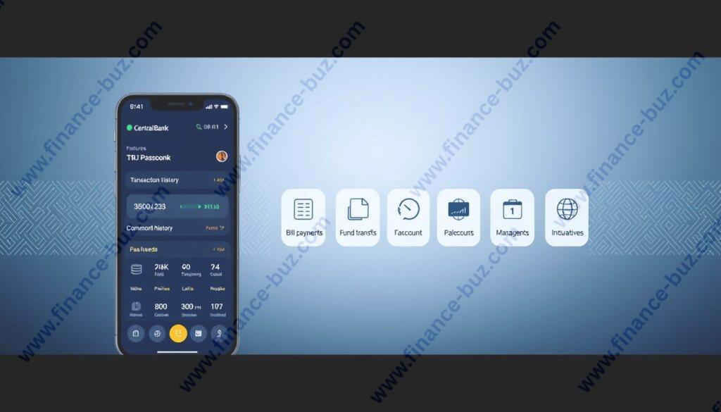 A sleek and modern mobile banking app interface, showcasing the key features of the Central Bank M Passbook. In the foreground, a clean and intuitive dashboard displays account balances, transaction history, and quick access to common banking tasks. The middle ground features intuitive navigation icons for bill payments, fund transfers, and account management. In the background, a subtle geometric pattern adds visual interest, while a soft, cool-toned color palette conveys a sense of trust and professionalism. The overall composition is designed to be visually appealing, easy to navigate, and reflective of the app's core functionalities.
