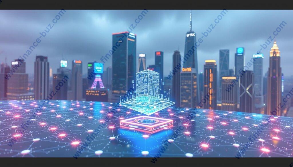 A sleek, futuristic blockchain technology landscape. In the foreground, a digital ledger glows with interconnected nodes, its hexagonal structure pulsing with encrypted data. In the middle ground, a holographic display showcases a 3D visualization of cryptocurrency transactions, casting a kaleidoscopic array of colors. The background depicts a cityscape of towering skyscrapers, their facades adorned with blockchain logos and neon-lit signage. Soft, diffused lighting bathes the scene, creating an atmosphere of innovation and technological advancement. The overall composition conveys the power, complexity, and ubiquity of blockchain technology in the financial landscape of the future.