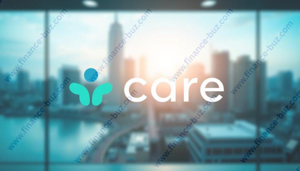 A stylish and modern rebrand of a health insurance company, showcasing a sleek, minimalist logo against a vibrant background. The logo features a bold, abstract symbol representing the idea of "care" and health, rendered in a soft, calming palette of blues and greens. The background is a serene, blurred cityscape, suggesting an urban, professional setting. The lighting is soft and directional, creating a sense of depth and a premium, high-quality feel. The overall composition is balanced and visually striking, conveying the message of a progressive, trustworthy insurance provider focused on providing excellent care and support to its customers.