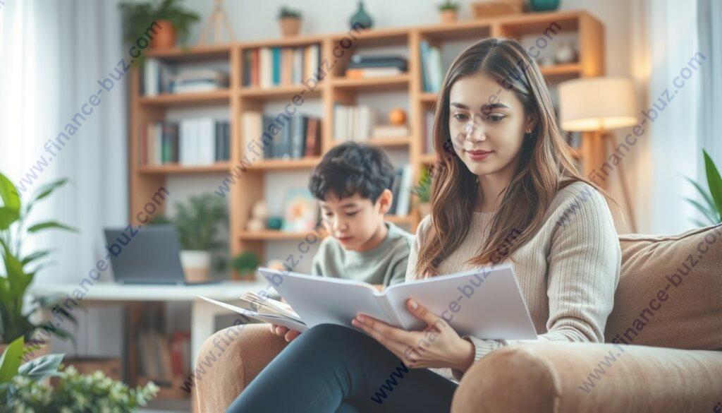 A warm, inviting living room with soft lighting and a cozy atmosphere. In the foreground, a young female home tutor sitting on a plush armchair, intently focused on a student's schoolwork. The tutor wears a casual yet professional outfit, her expression calm and attentive. Behind them, a bookshelf lined with educational materials and a desk with a laptop, suggesting a versatile learning environment. The room is decorated with plants and personal touches, creating a welcoming, comfortable space for productive study sessions. The overall scene conveys a sense of knowledge sharing, guidance, and a positive learning experience.