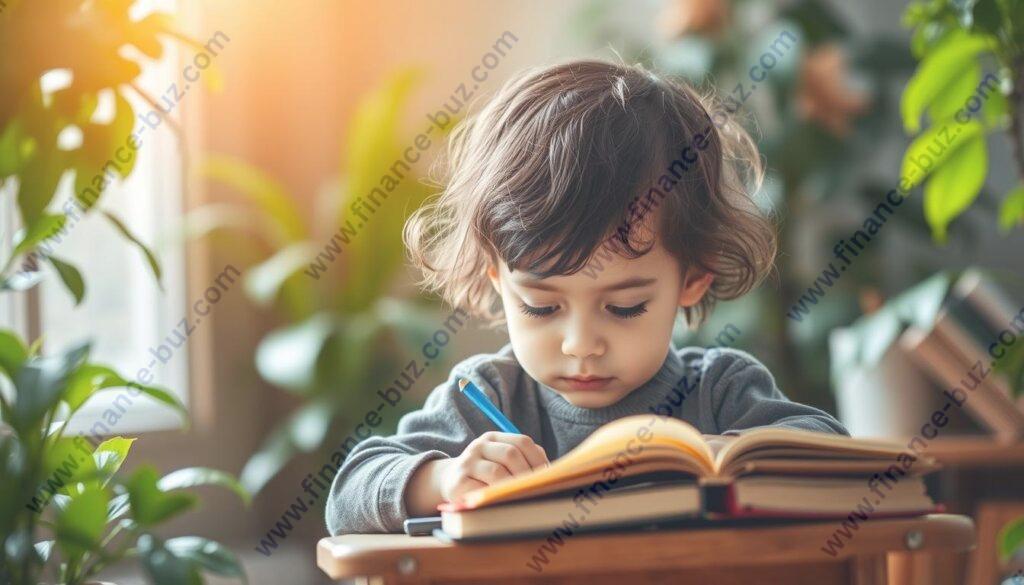 A warm, soft-focus portrait of a young child sitting at a small desk, deep in thought as they study intently. The child's face is framed by a warm, inviting background of lush greenery and gentle natural light, evoking a sense of nurturing and growth. The child's expression is one of focus and determination, reflecting the importance of their education and the investment in their future. The composition is balanced, with the child positioned centrally and the background elements subtly guiding the viewer's eye. The overall mood is one of optimism, care, and the transformative power of learning.