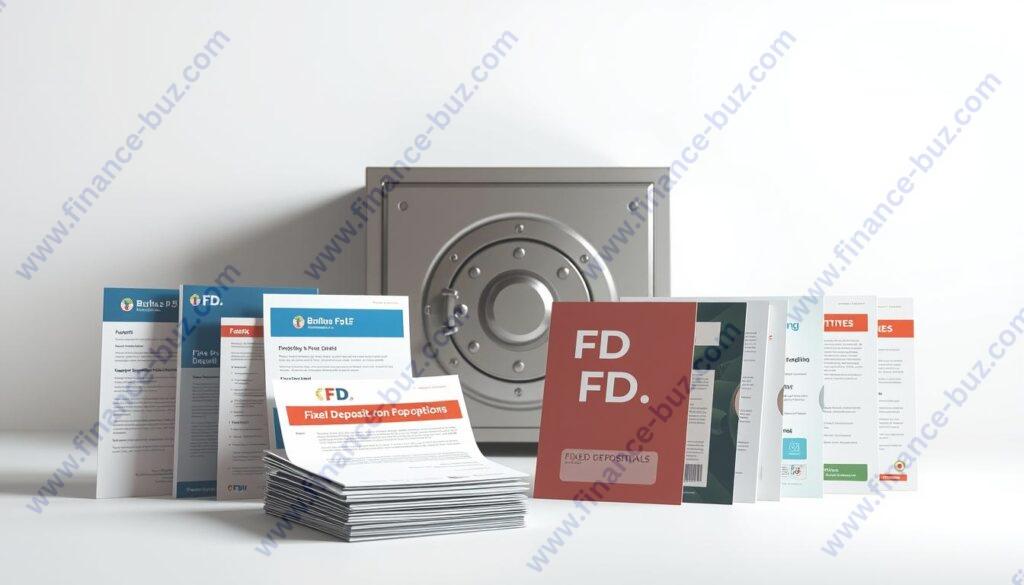A well-lit studio scene featuring various fixed deposit options against a clean, minimalist background. In the foreground, display multiple types of FD documents, such as bank brochures, certificates, and forms, meticulously arranged. In the middle ground, a sleek, modern bank vault or safe deposit box, symbolizing the security and reliability of fixed deposits. The background should convey a sense of professionalism and financial stability, perhaps with muted colors and subtle textures. Utilize a shallow depth of field to focus attention on the key FD elements. Lighting should be soft and directional, creating depth and emphasizing the tactile nature of the documents. Overall, the image should convey the reliability, diversity, and security of fixed deposit options available in India.