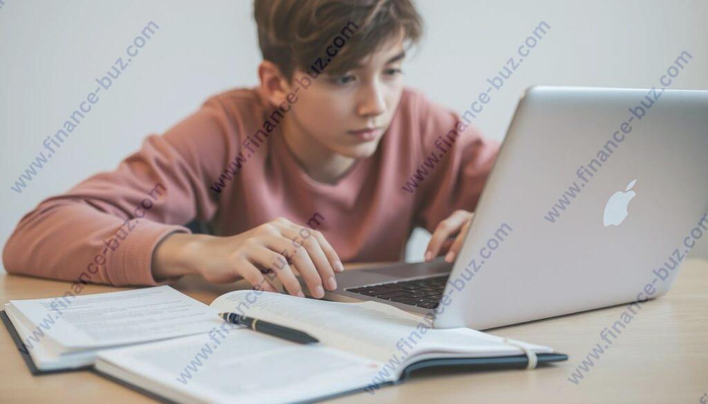 An image of a teenager typing on a laptop with a notebook and pen nearby An image of a teenager typing on a laptop with a notebook and pen nearby
