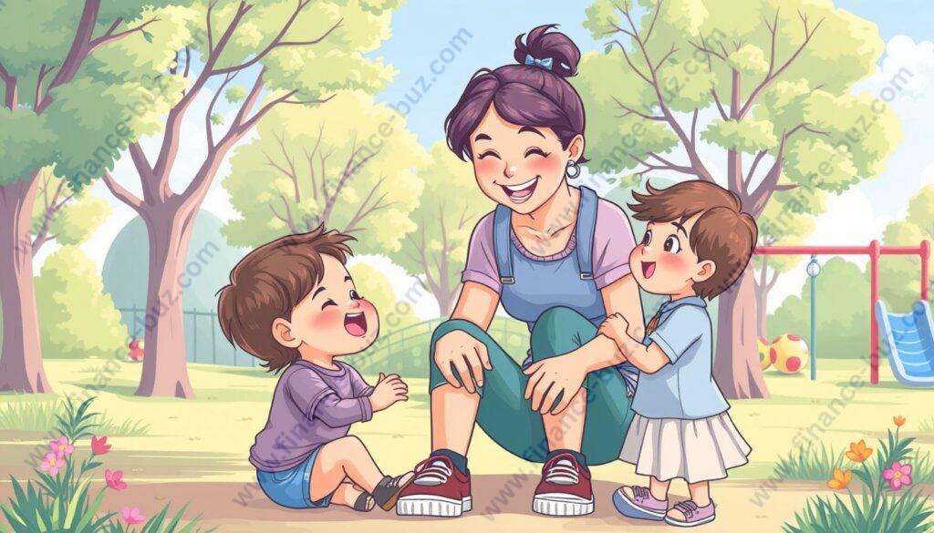Create an image of a teen babysitter playing with kids at a park. Create an image of a teen babysitter playing with kids at a park.