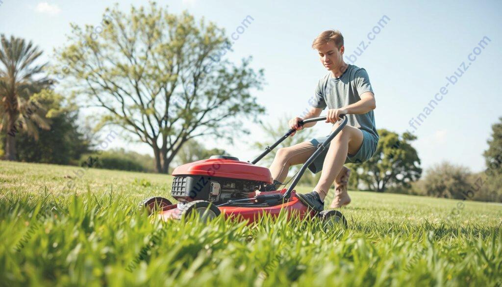 Create an image of a teen mowing a lawn. Create an image of a teen mowing a lawn.