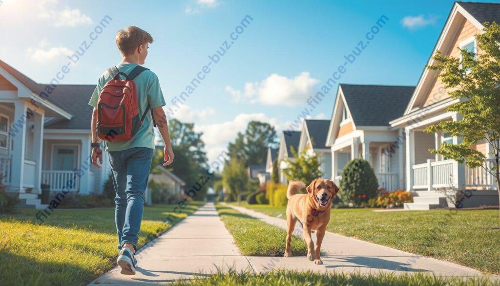 Create an image of a teen walking a dog in a neighborhood. Create an image of a teen walking a dog in a neighborhood.