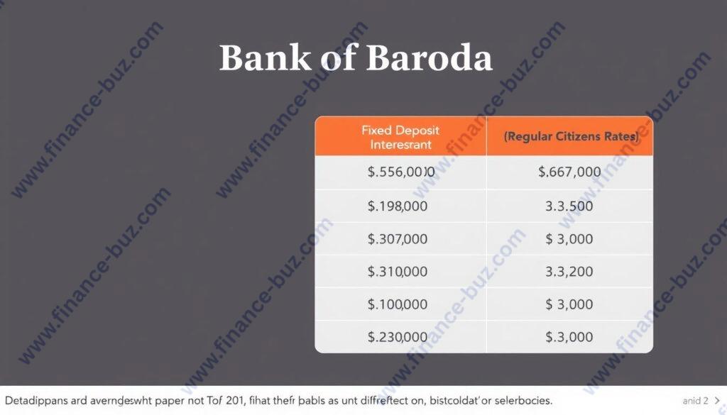 Generate an image of Bank of Baroda's logo with a comparison chart of FD rates for regular citizens and senior citizens.
