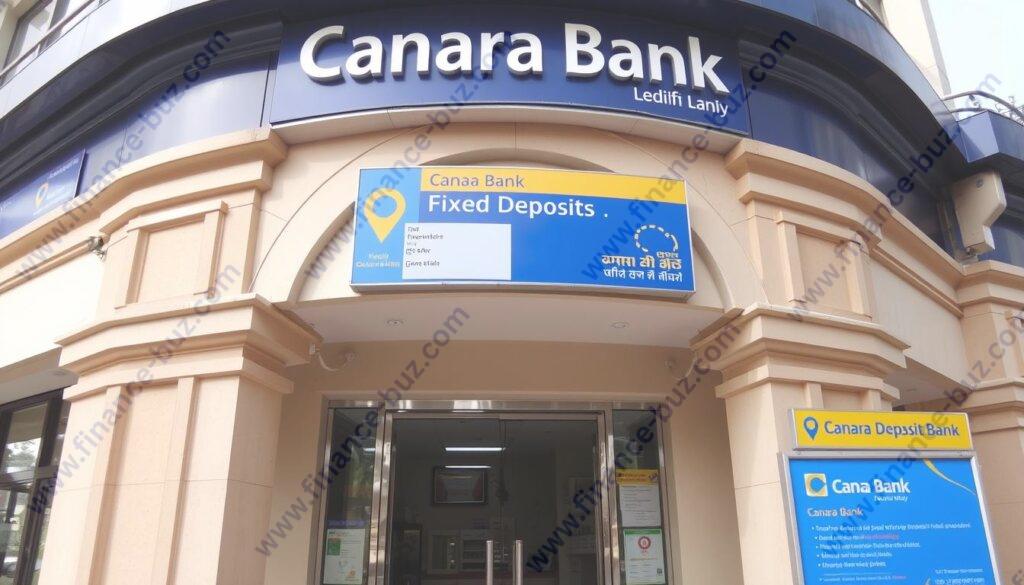 Generate an image of a Canara Bank branch with a fixed deposit information board