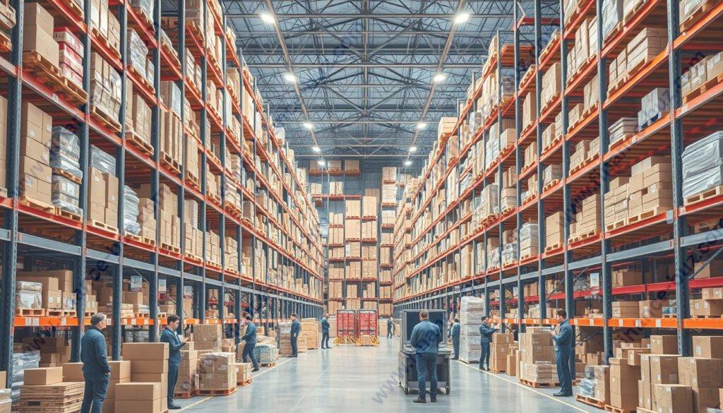 Generate an image of a modern e-commerce warehouse with diverse products and efficient logistics.