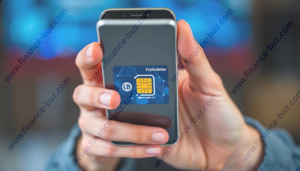Generate an image of a person holding a smartphone with a Crypto Better SIM card