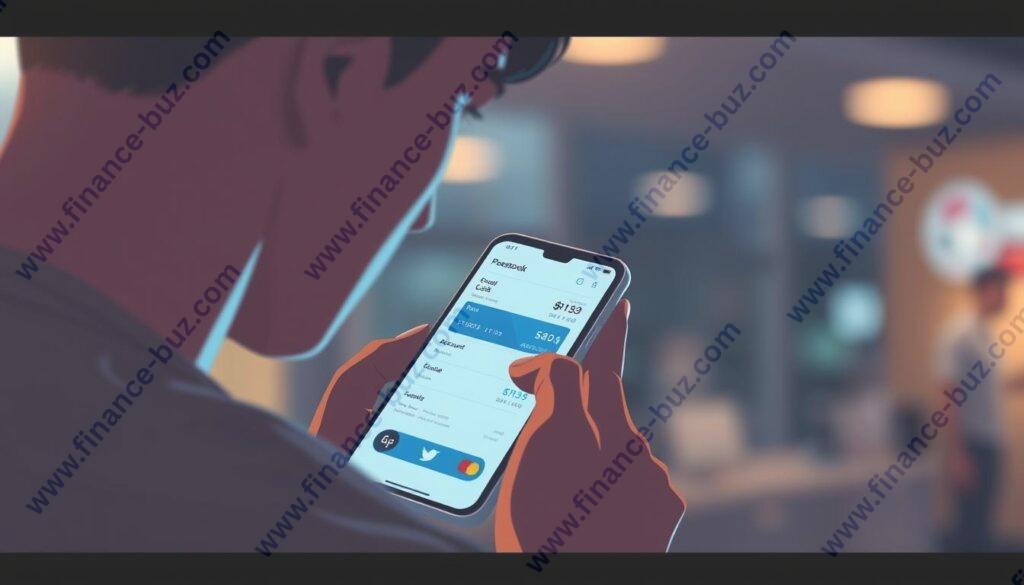Generate an image of a person using the Central Bank M Passbook app on their smartphone to view account details.