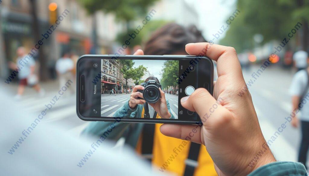 Generate an image of a photographer contributing to an EyeEm mission on their mobile device.