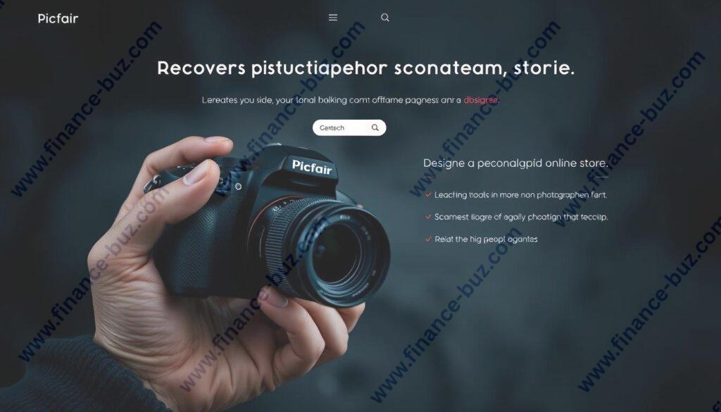 Generate an image of a photographer creating a custom store on Picfair.
