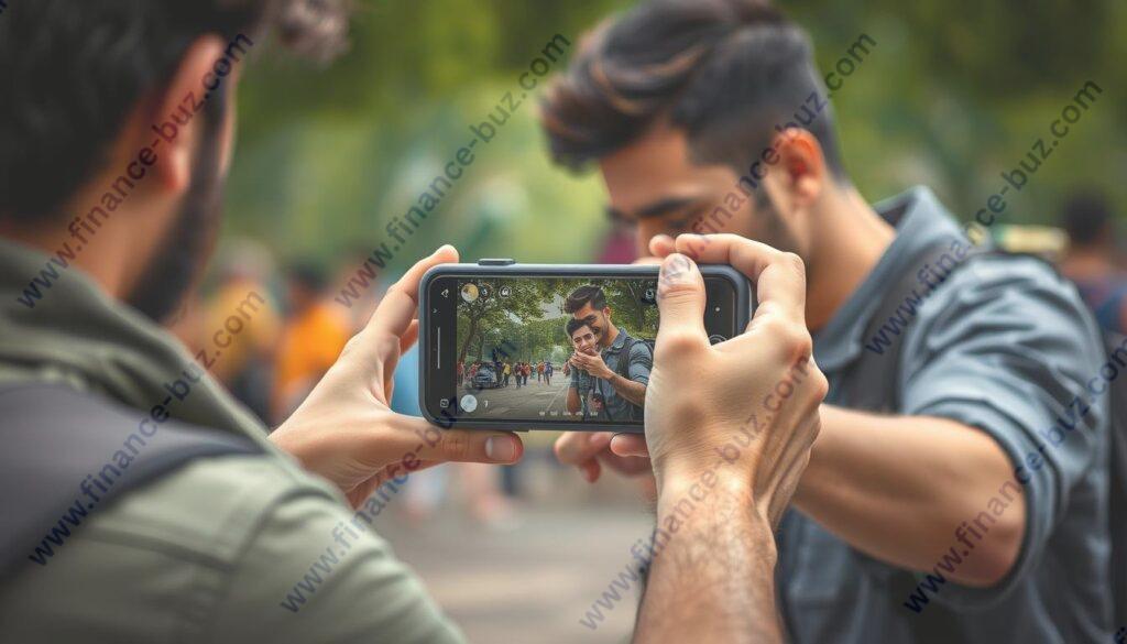 Generate an image of a photographer participating in a Foap mission on their smartphone.