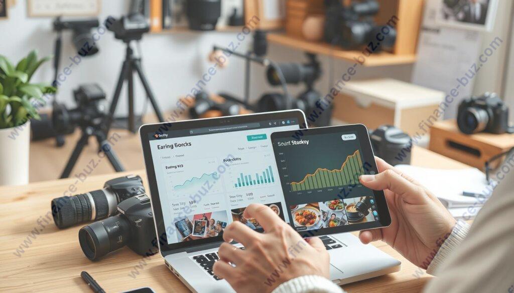 Generate an image of a photographer reviewing their earnings on Stocksy's website.