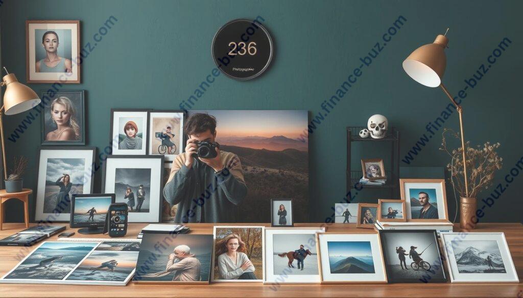 Generate an image of a photographer selling photo prints and products online.
