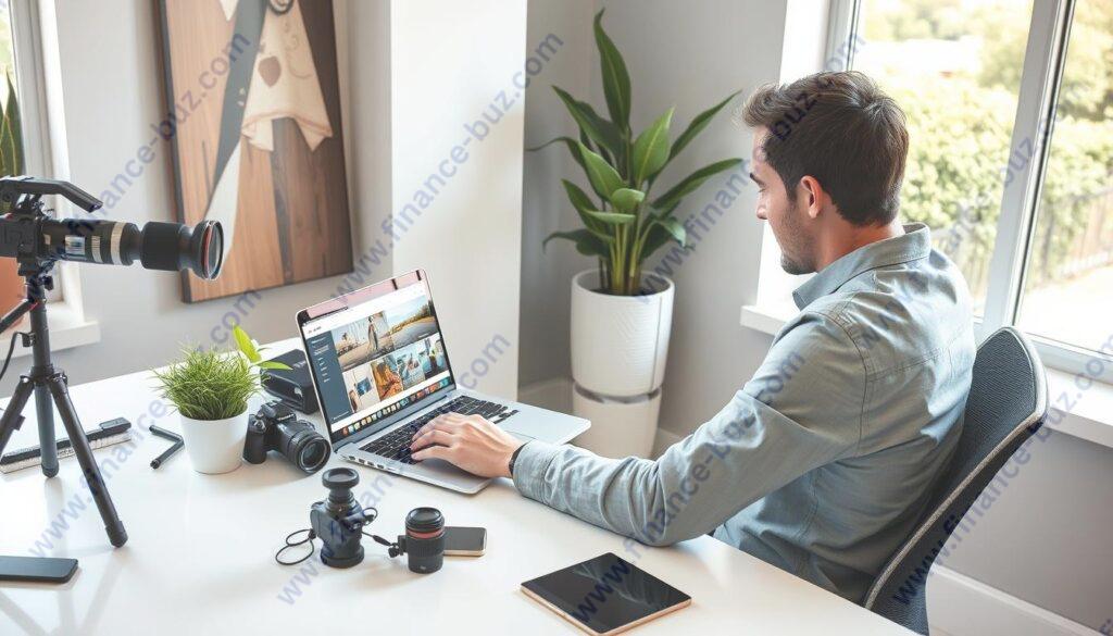 Generate an image of a photographer uploading photos to Adobe Stock