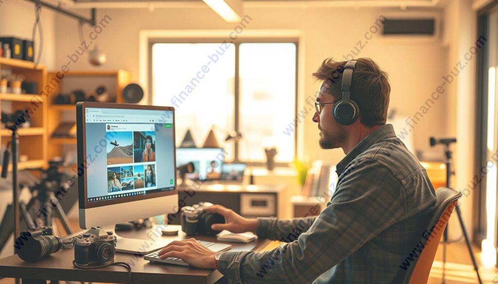 Generate an image of a photographer uploading photos to Shutterstock