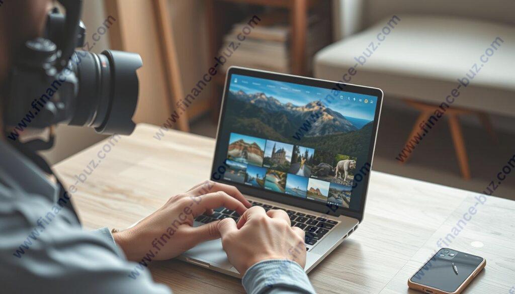 Generate an image of a photographer uploading photos to a niche sales platform on their laptop.