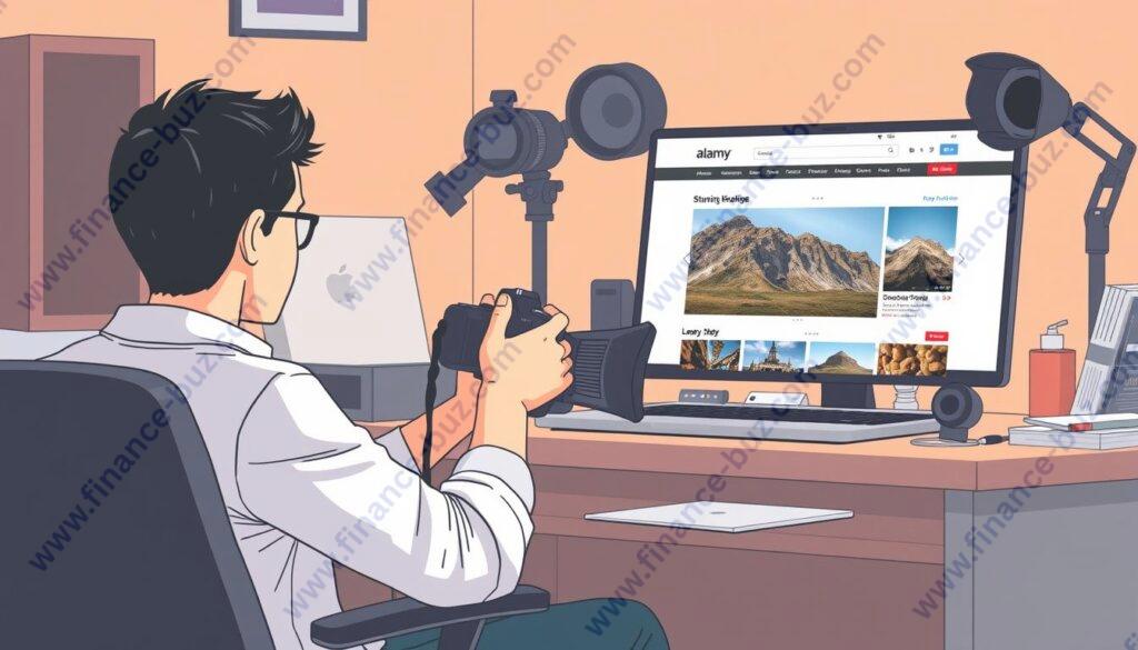 Generate an image of a photographer uploading their work to Alamy's website.