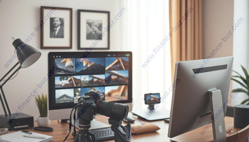 Generate an image of a photographer uploading their work to a premium stock photography platform.