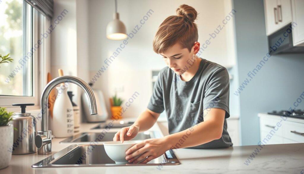 Generate an image of a teen cleaning a kitchen. Generate an image of a teen cleaning a kitchen.