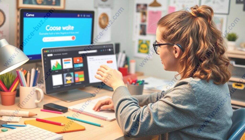 Generate an image of a teen designing a printable planner on Canva Generate an image of a teen designing a printable planner on Canva