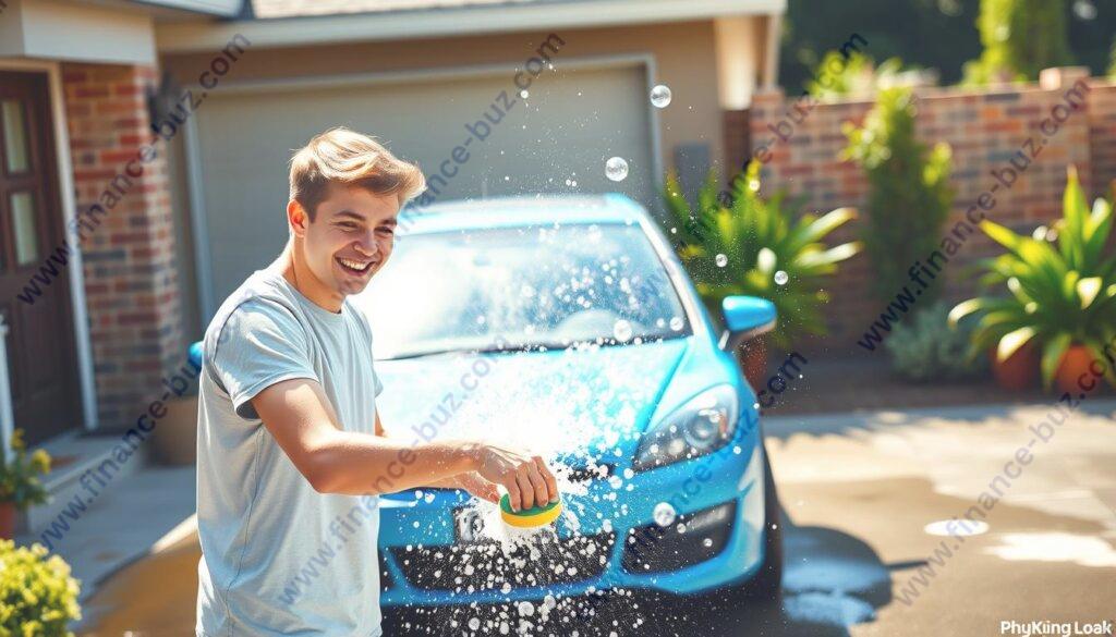 Generate an image of a teen washing a car in a driveway. Generate an image of a teen washing a car in a driveway.