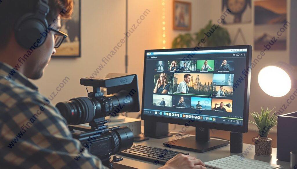 Generate an image of a videographer uploading content to Pond5