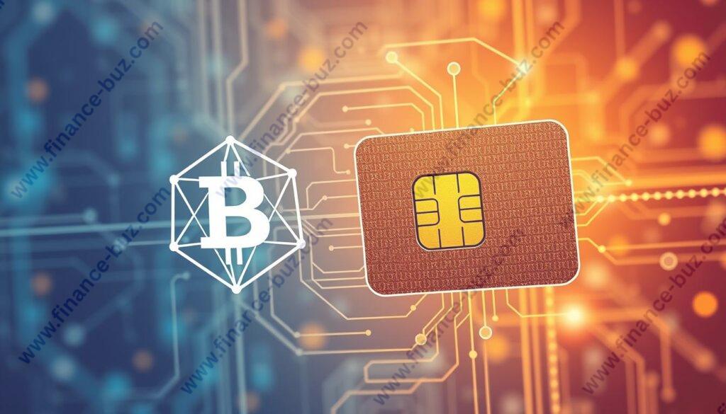 Generate an image representing the fusion of blockchain technology and SIM card functionality.