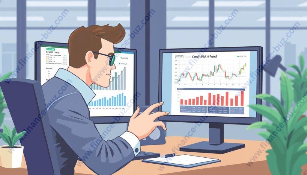 Image of a financial analyst reviewing credit risk fund performance on a computer screen
