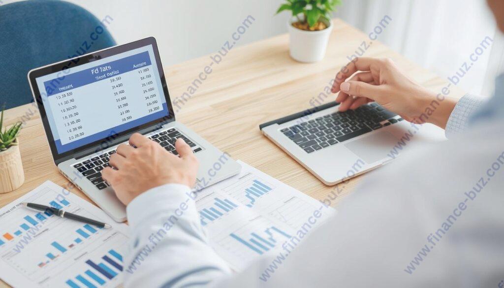 Image of a person comparing FD interest rates on a laptop