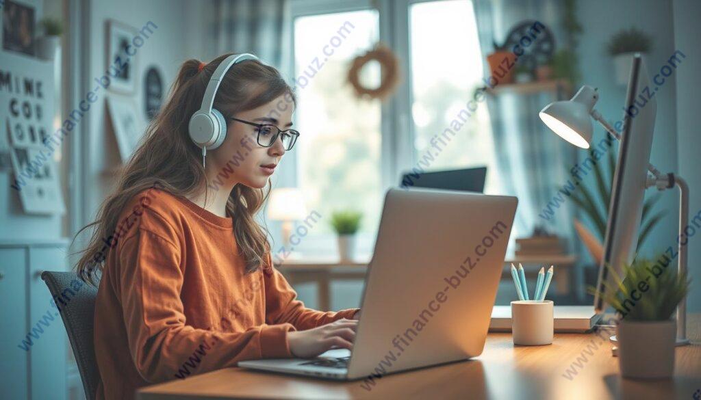 Image of a teen working as a virtual assistant on a laptop Image of a teen working as a virtual assistant on a laptop