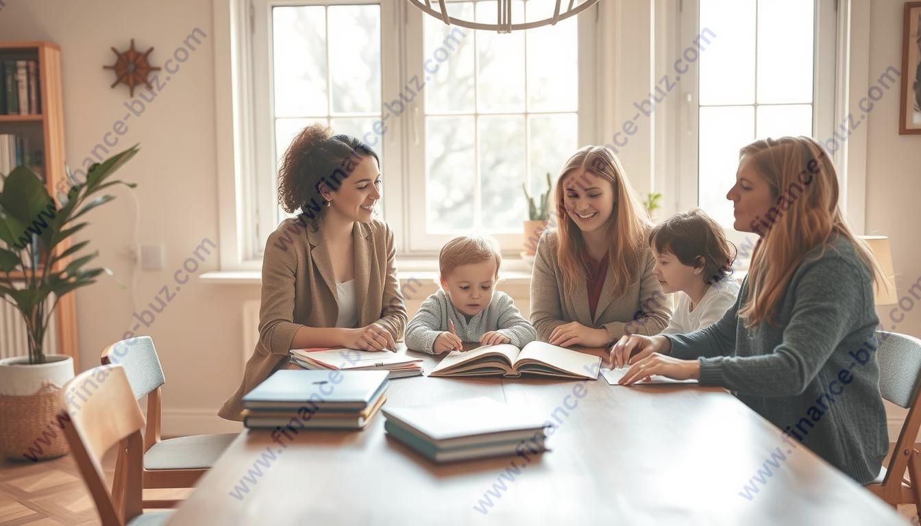 Prompt A warm, inviting interior with natural lighting flooding through large windows, showcasing a group of three trusted female home tutors sitting around a wooden table, engaging with a student. The tutors wear professional yet approachable attire, exuding an air of expertise and compassion. Soft, earthy tones create a calming atmosphere, while subtle details like books, learning materials, and a plant add to the nurturing educational setting. The composition is balanced, drawing the viewer's attention to the friendly, collaborative interaction between the tutors and the student.
